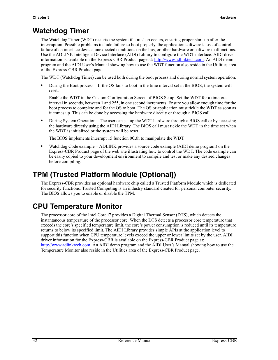 Watchdog timer, Tpm (trusted platform module [optional]), Cpu temperature monitor | ADLINK Express-CBR User Manual | Page 36 / 54