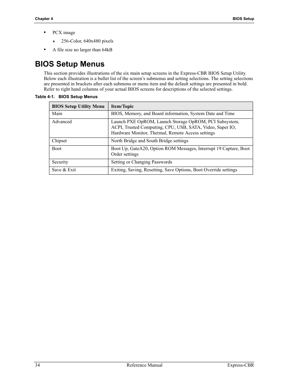 Bios setup menus, Table 4-1 | ADLINK Express-CBR User Manual | Page 38 / 54