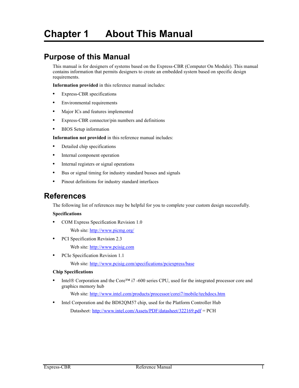 Chapter 1, About this manual, Purpose of this manual references | Chapter 1 about this manual, Purpose of this manual, References | ADLINK Express-CBR User Manual | Page 5 / 54
