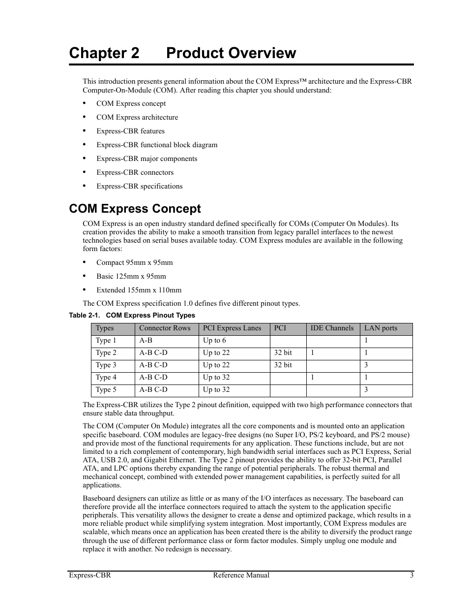 Chapter 2, Product overview, Com express concept | Table 2-1, Com express pinout types, Chapter 2 product overview | ADLINK Express-CBR User Manual | Page 7 / 54