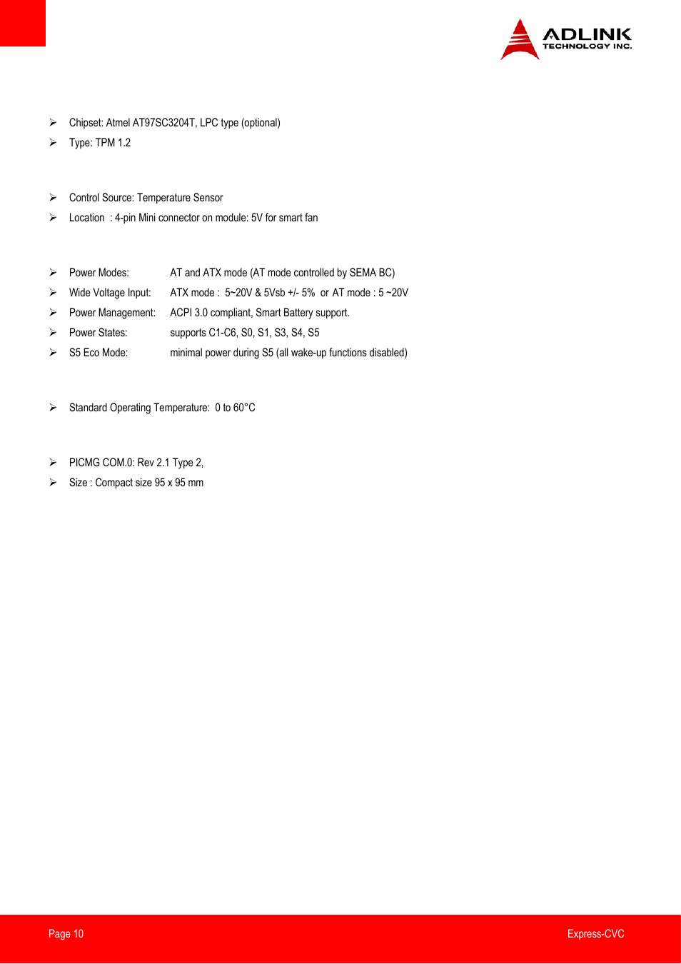 Tpm (trusted platform module), Fan control, Power specifications | Mechanical and environmental, Specification compliance | ADLINK Express-CVC User Manual | Page 10 / 73