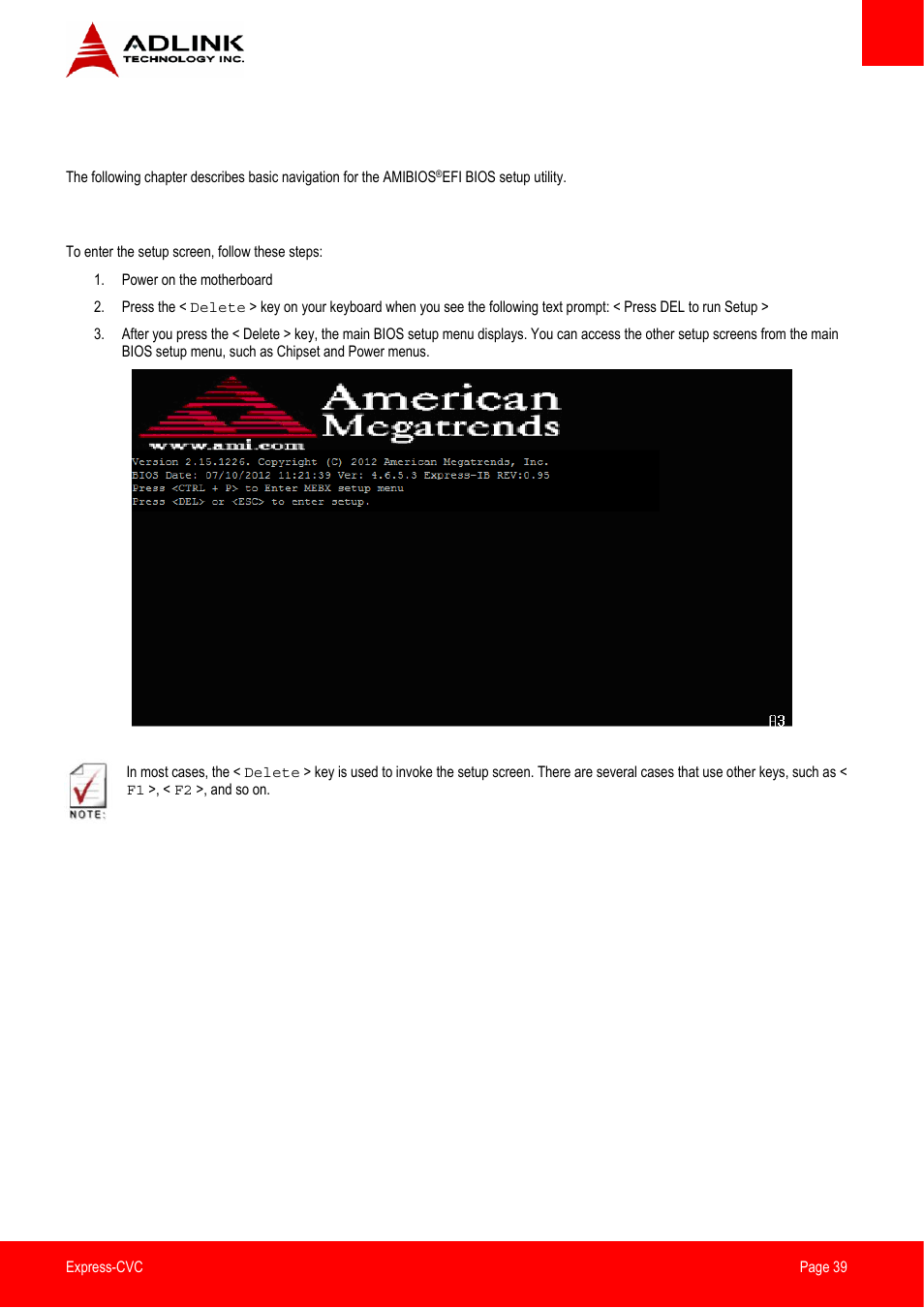 Bios setup, Starting the bios | ADLINK Express-CVC User Manual | Page 39 / 73