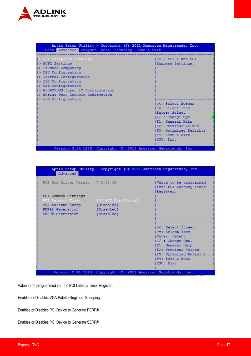 Advanced setup, Pci subsystem settings | ADLINK Express-CVC User Manual | Page 47 / 73