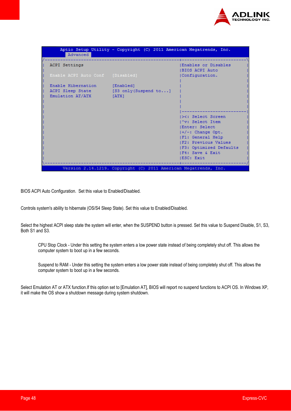 Acpi settings | ADLINK Express-CVC User Manual | Page 48 / 73