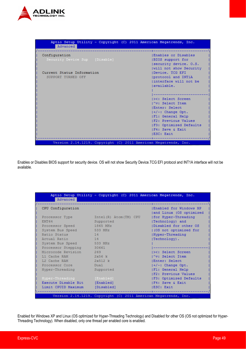 Trusted computing, Cpu configuration | ADLINK Express-CVC User Manual | Page 49 / 73