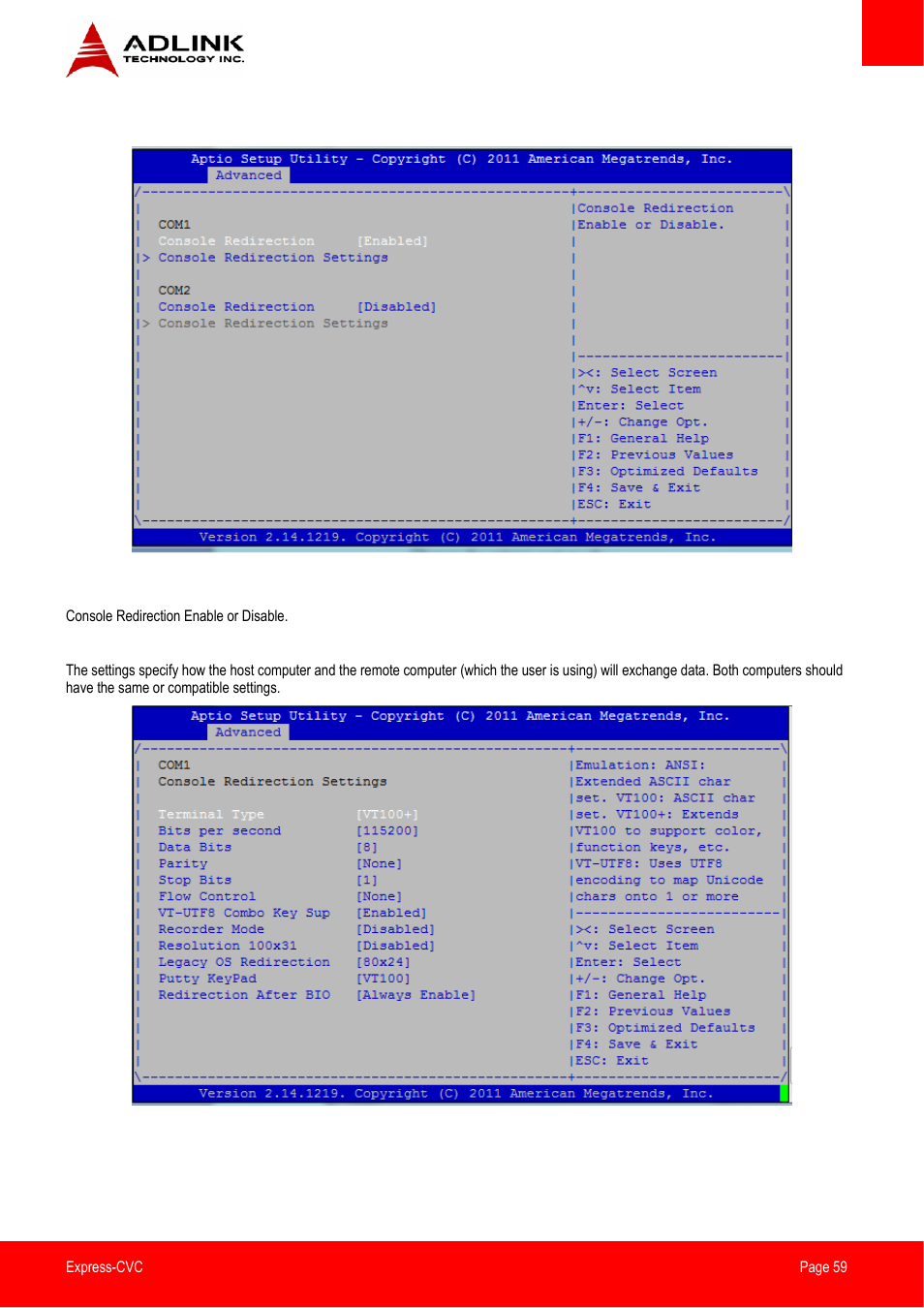 Serial port console redirection | ADLINK Express-CVC User Manual | Page 59 / 73