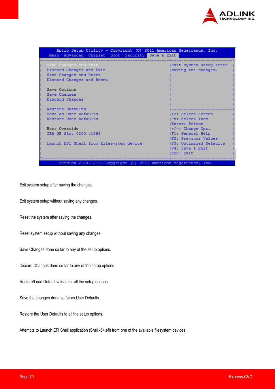 Save & exit menu | ADLINK Express-CVC User Manual | Page 70 / 73
