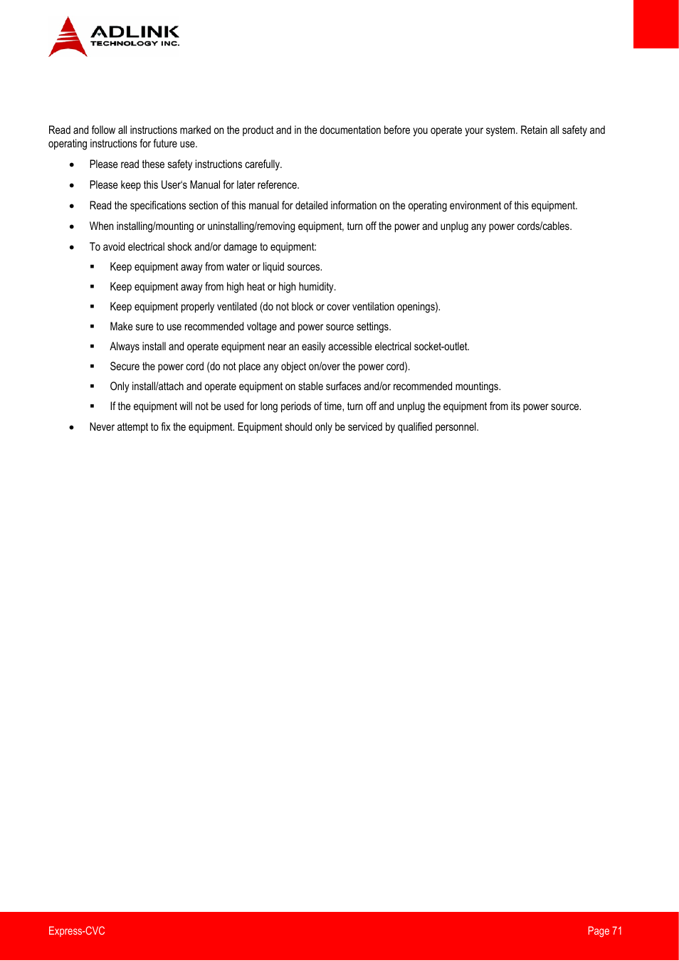 Safety instructions | ADLINK Express-CVC User Manual | Page 71 / 73