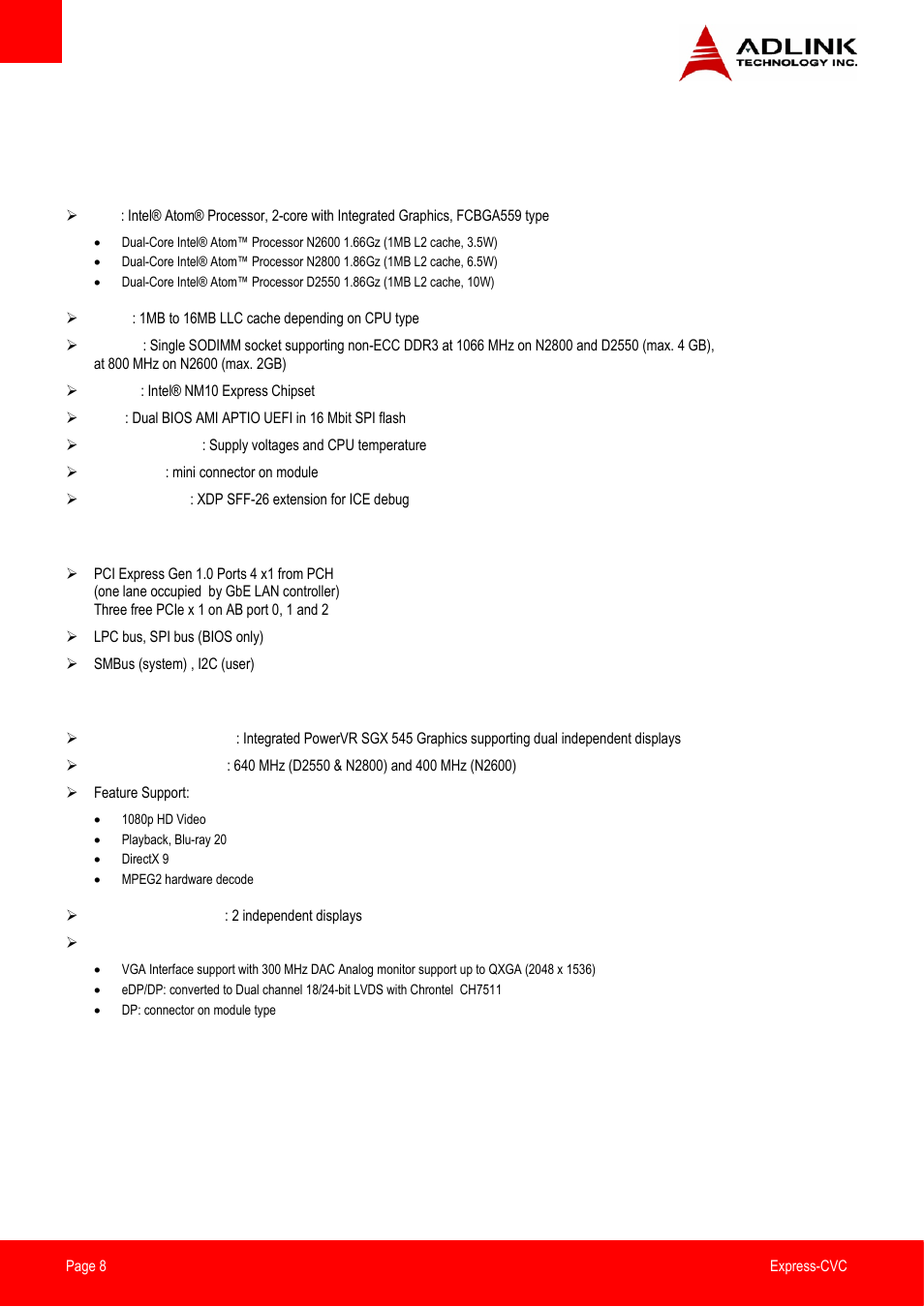 Specifications, Core system, Expansion busses | Video | ADLINK Express-CVC User Manual | Page 8 / 73