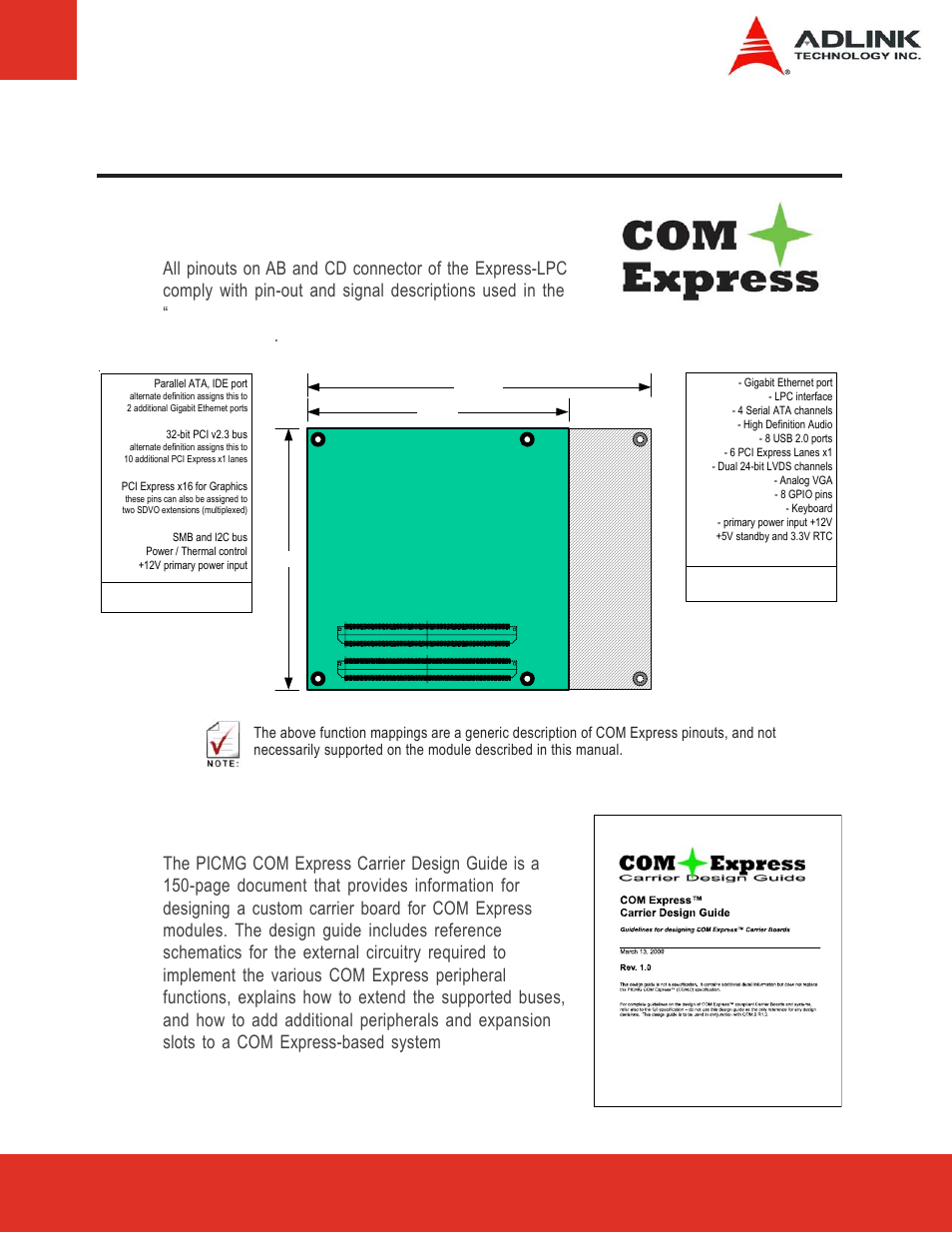 5 pinout and signal descriptions, 1 com express™ type 2 compatible pinout, 2 carrier board design guide | Com express™ type 2 compatible pinout, Carrier board design guide, 1 com express, Type 2 compatible pinout, Cd connector, Ab connector, Com.0 r2.0: com express™ module base specification | ADLINK Express-LPC User Manual | Page 13 / 86