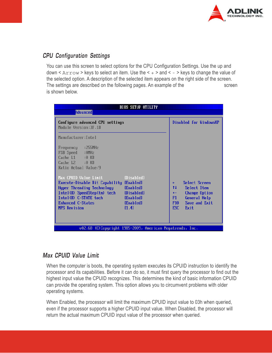 1 cpu configuration cpu configuration settings, Max cpuid value limit | ADLINK Express-LPC User Manual | Page 39 / 86