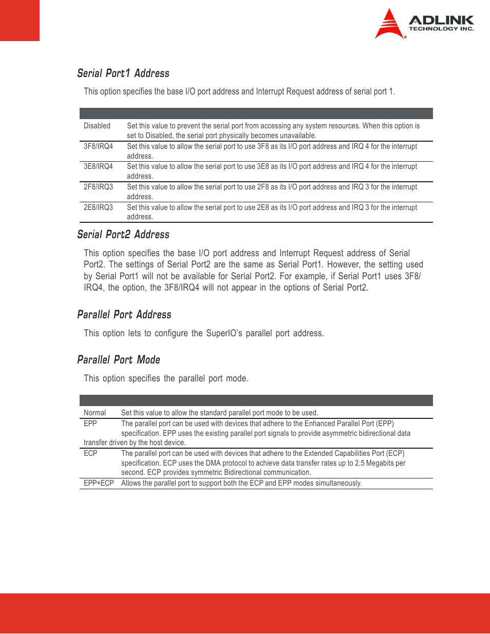 Serial port1 address, Serial port2 address, Parallel port address | Parallel port mode | ADLINK Express-LPC User Manual | Page 49 / 86