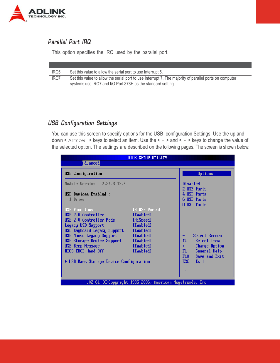 7 usb configuration usb configuration settings, Parallel port irq | ADLINK Express-LPC User Manual | Page 50 / 86