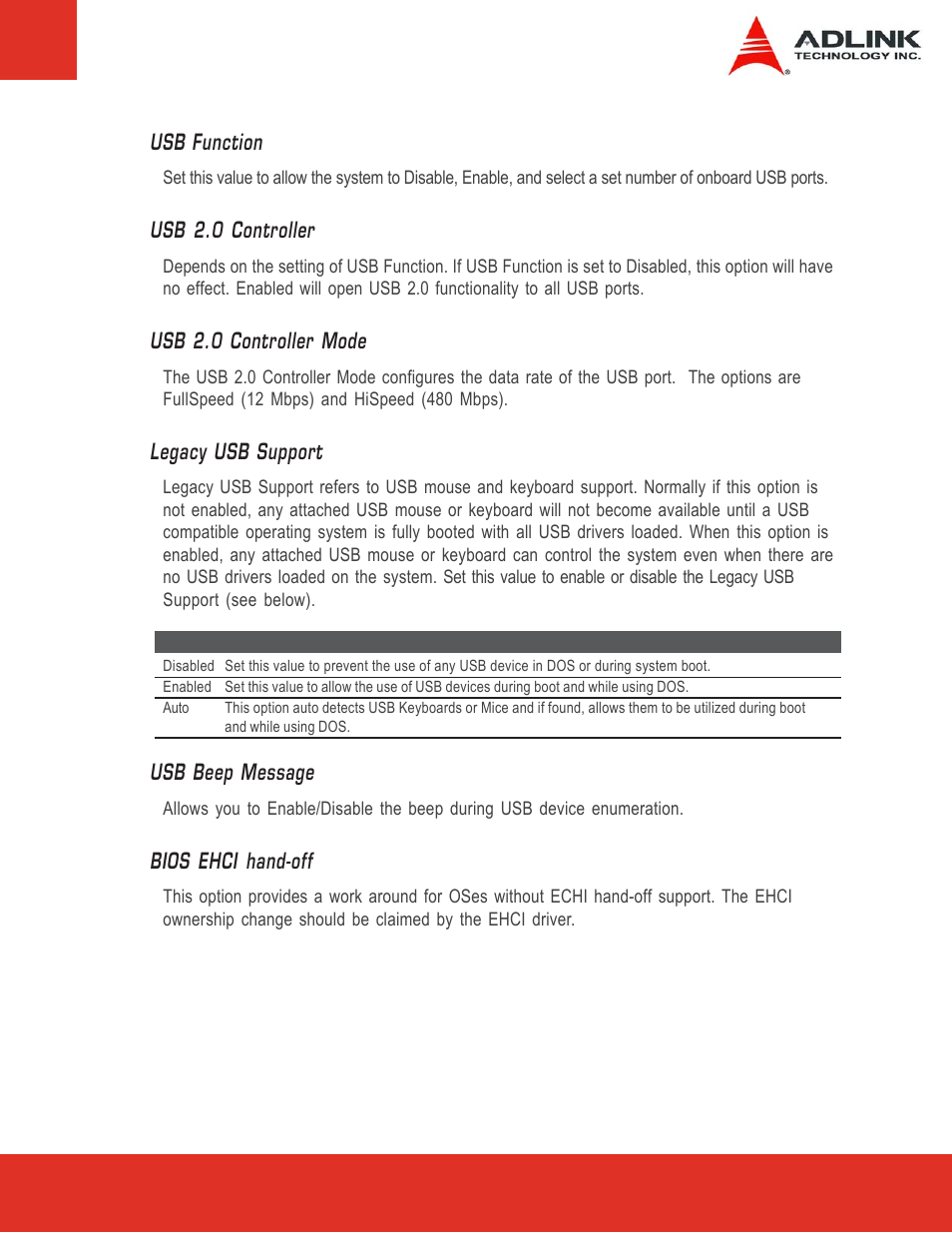 Usb function, Usb 2.0 controller, Usb 2.0 controller mode | Legacy usb support, Usb beep message, Bios ehci hand-off | ADLINK Express-LPC User Manual | Page 51 / 86