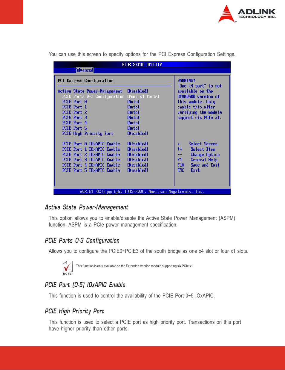 8 pci express configuration, Active state power-management, Pcie ports 0-3 configuration | Pcie port (0-5) ioxapic enable, Pcie high priority port | ADLINK Express-LPC User Manual | Page 53 / 86