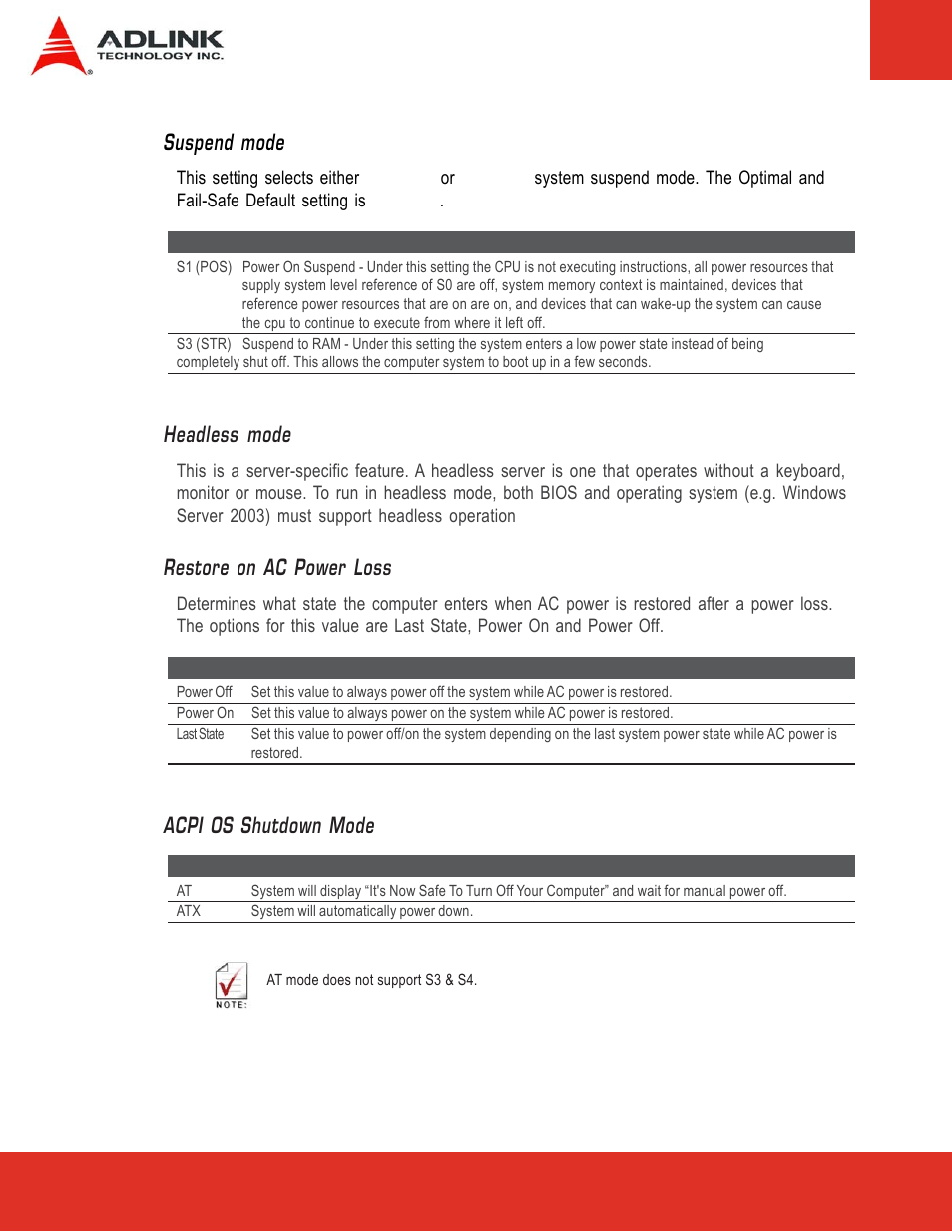 Suspend mode, Headless mode, Restore on ac power loss | Acpi os shutdown mode | ADLINK Express-LPC User Manual | Page 60 / 86
