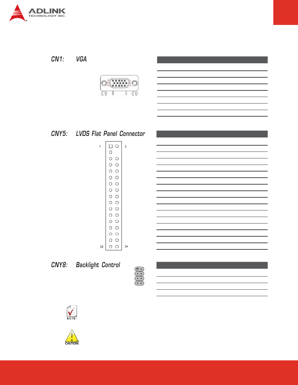 11 vga, lvds, Vga, lvds, Cny8: backlight control | Cn1: vga, Cny5: lvds flat panel connector | ADLINK Express-BASE User Manual | Page 24 / 46