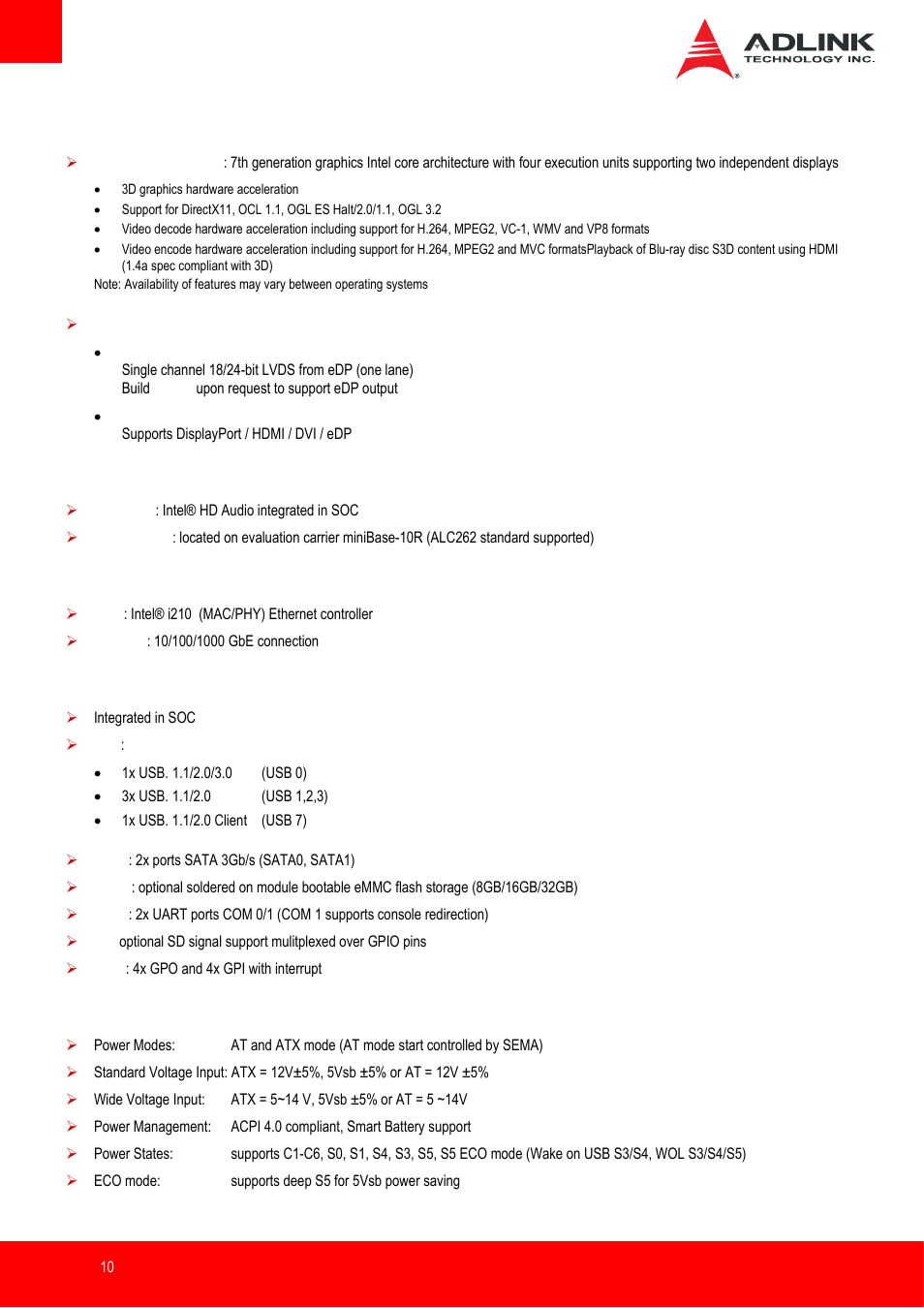 Video, Audio, Multi i/o and storage | Power specifications | ADLINK nanoX-BT User Manual | Page 10 / 71