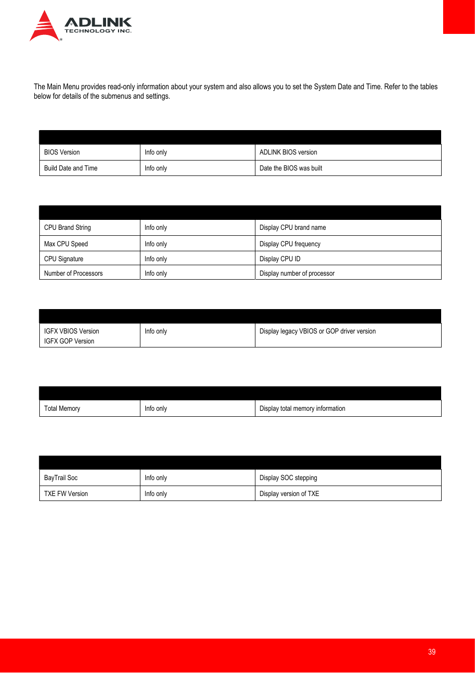 Main, System information, Processor information | Vga firmware version, Memory information, Soc information | ADLINK nanoX-BT User Manual | Page 39 / 71