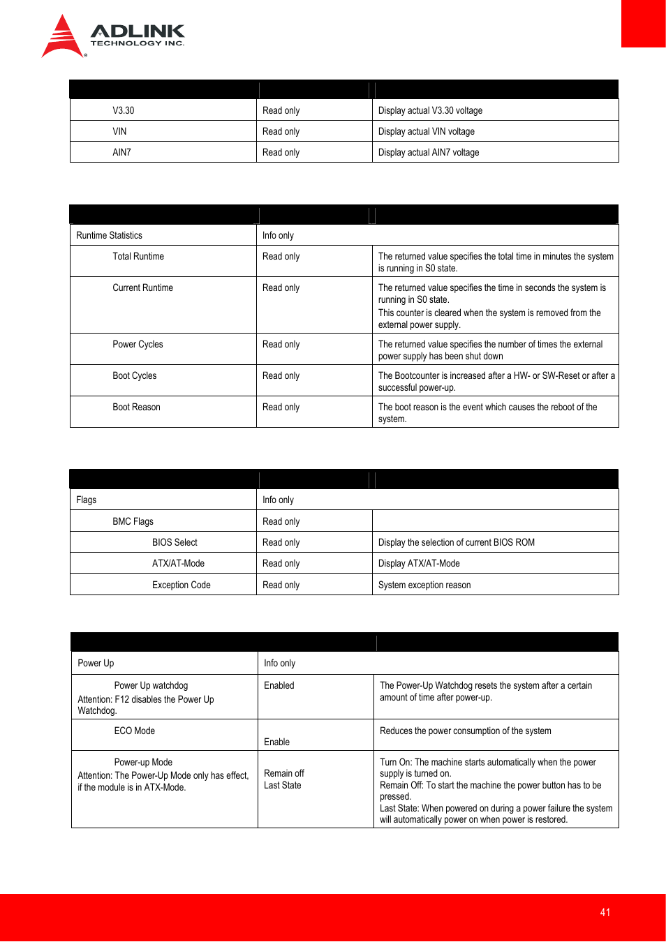 System management > runtime statistics, System management > flags, System management > power up | ADLINK nanoX-BT User Manual | Page 41 / 71