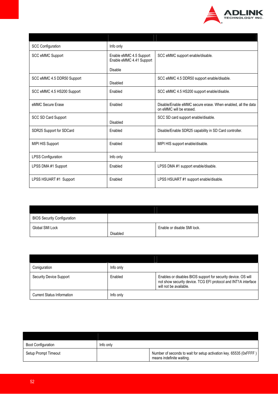 Miscellaneous > bios security configuration, Miscellaneous > trusted computing, Boot | Boot configuration | ADLINK nanoX-BT User Manual | Page 52 / 71