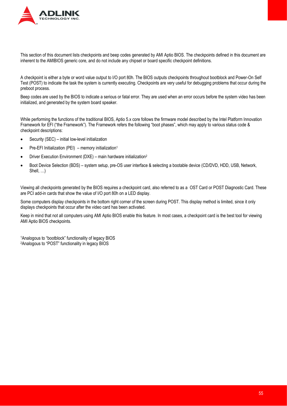 Bios checkpoints, beep codes | ADLINK nanoX-BT User Manual | Page 55 / 71