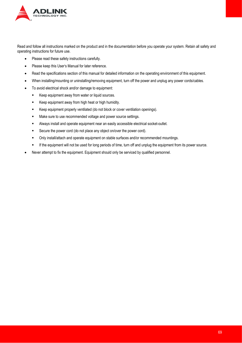 Safety instructions | ADLINK nanoX-BT User Manual | Page 69 / 71