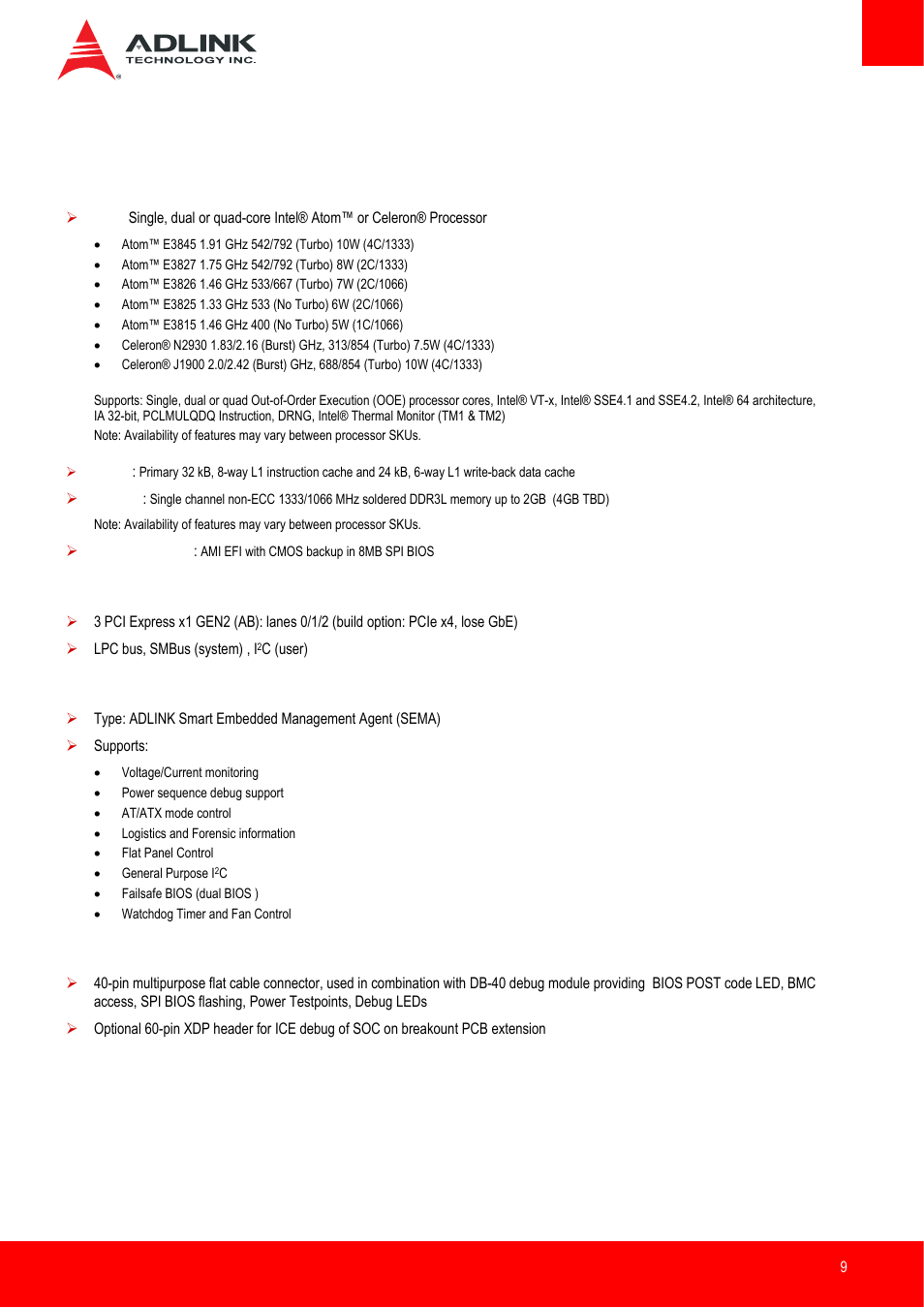 Specifications, Core system, Expansion busses | Sema board controller, Debug headers | ADLINK nanoX-BT User Manual | Page 9 / 71