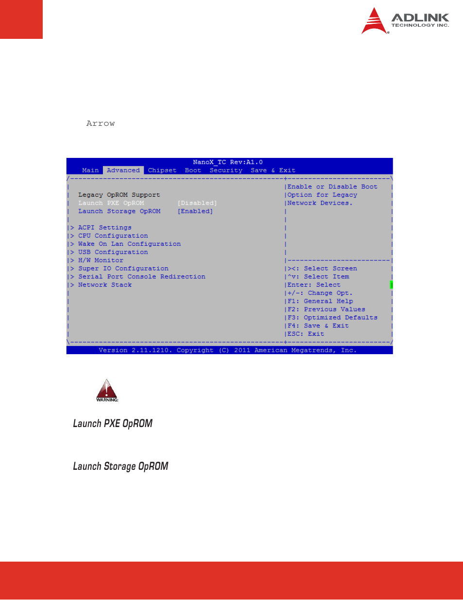4 advanced bios setup, 4 advanced, Bios | Setup, Launch pxe oprom, Launch storage oprom | ADLINK nanoX-TC User Manual | Page 33 / 62