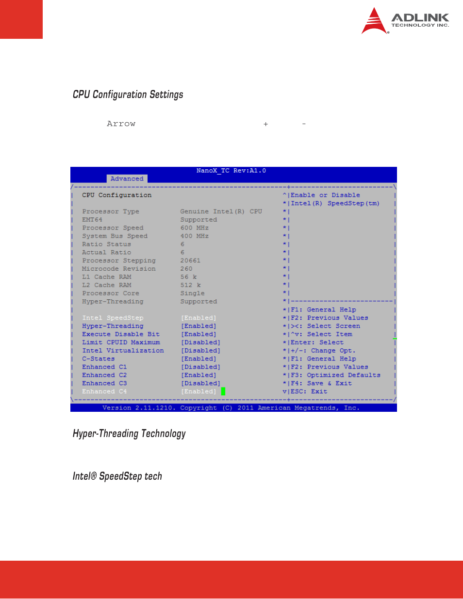 2 cpu configuration cpu configuration settings, Hyper-threading technology, Intel® speedstep tech | ADLINK nanoX-TC User Manual | Page 35 / 62