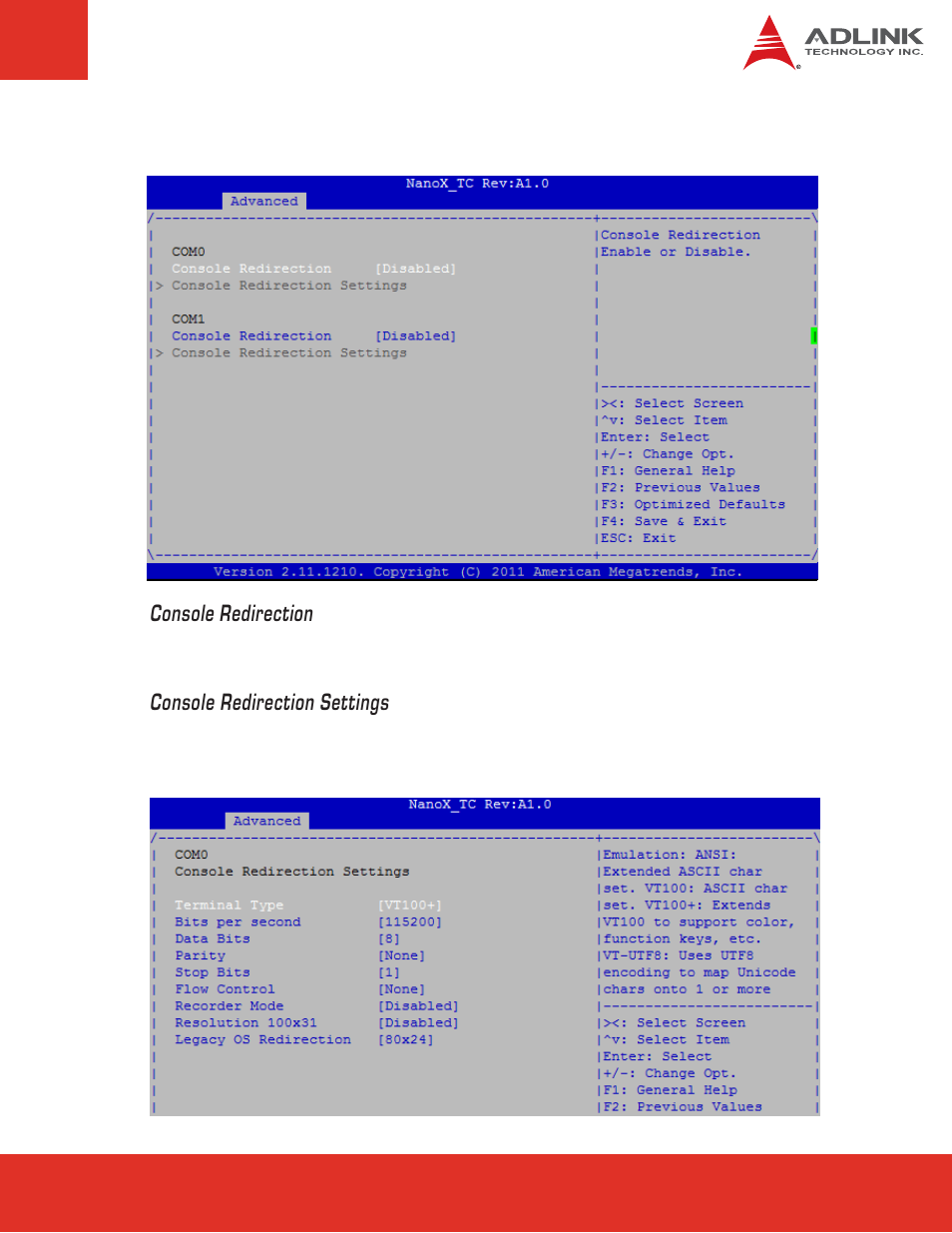 Console redirection settings | ADLINK nanoX-TC User Manual | Page 41 / 62