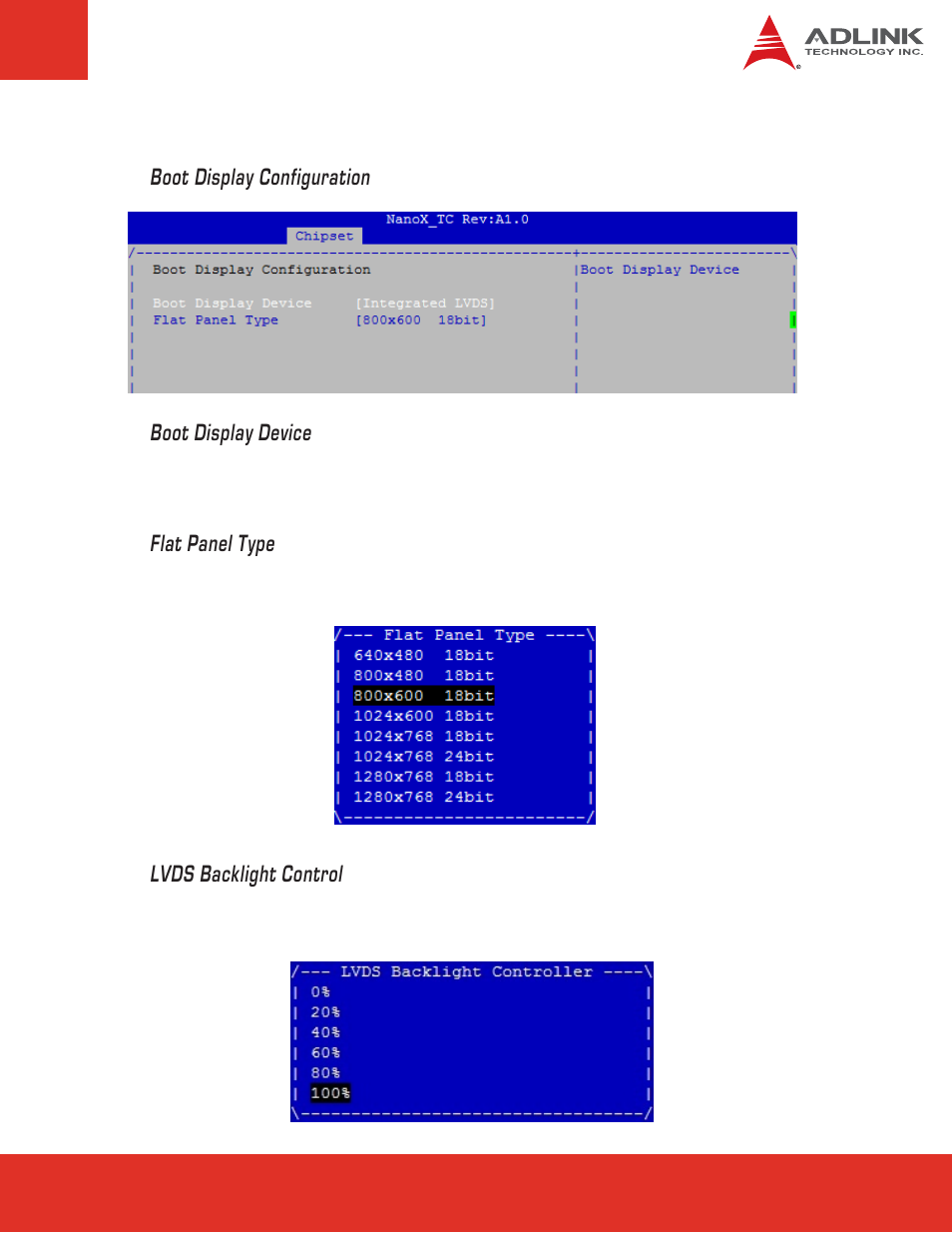Boot display configuration boot display device, Flat panel type, Lvds backlight control | ADLINK nanoX-TC User Manual | Page 45 / 62