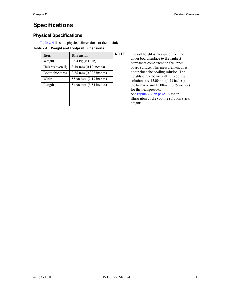 Specifications, Physical specifications, Table 2-4 | Weight and footprint dimensions | ADLINK nanoX-TCR User Manual | Page 17 / 50