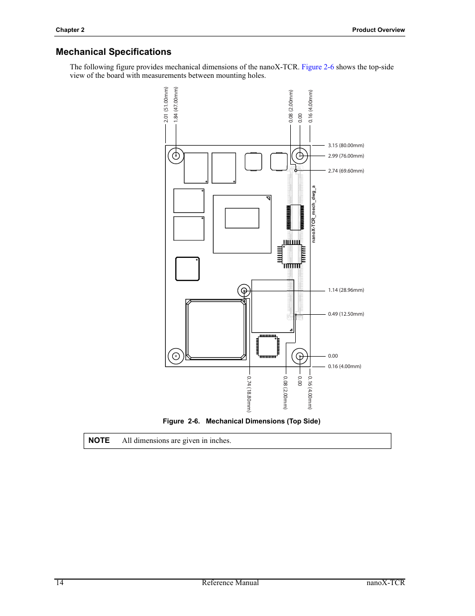 Mechanical specifications, Figure 2-6, Mechanical dimensions (top side) | ADLINK nanoX-TCR User Manual | Page 18 / 50