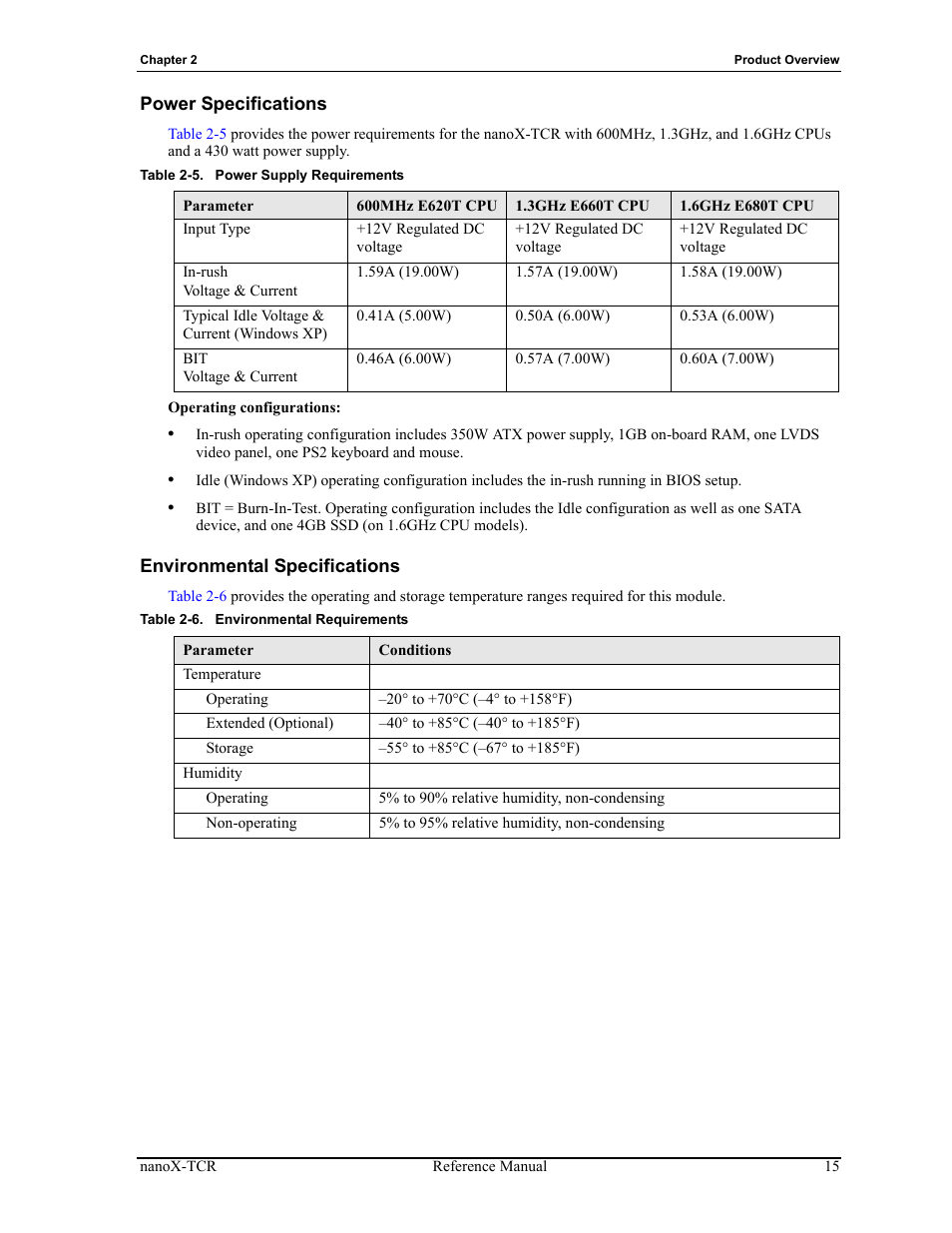 Power specifications environmental specifications, Table 2-5, Power supply requirements | Table 2-6, Environmental requirements | ADLINK nanoX-TCR User Manual | Page 19 / 50