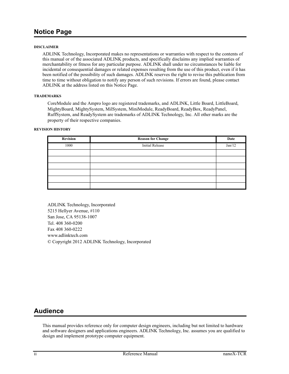 Notice page, Audience | ADLINK nanoX-TCR User Manual | Page 2 / 50