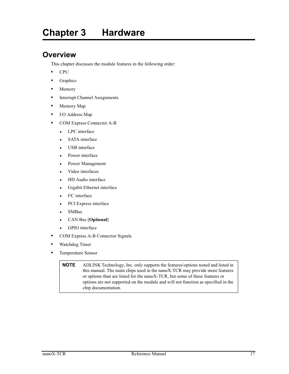 Chapter 3, Hardware, Overview | Chapter 3 hardware | ADLINK nanoX-TCR User Manual | Page 21 / 50