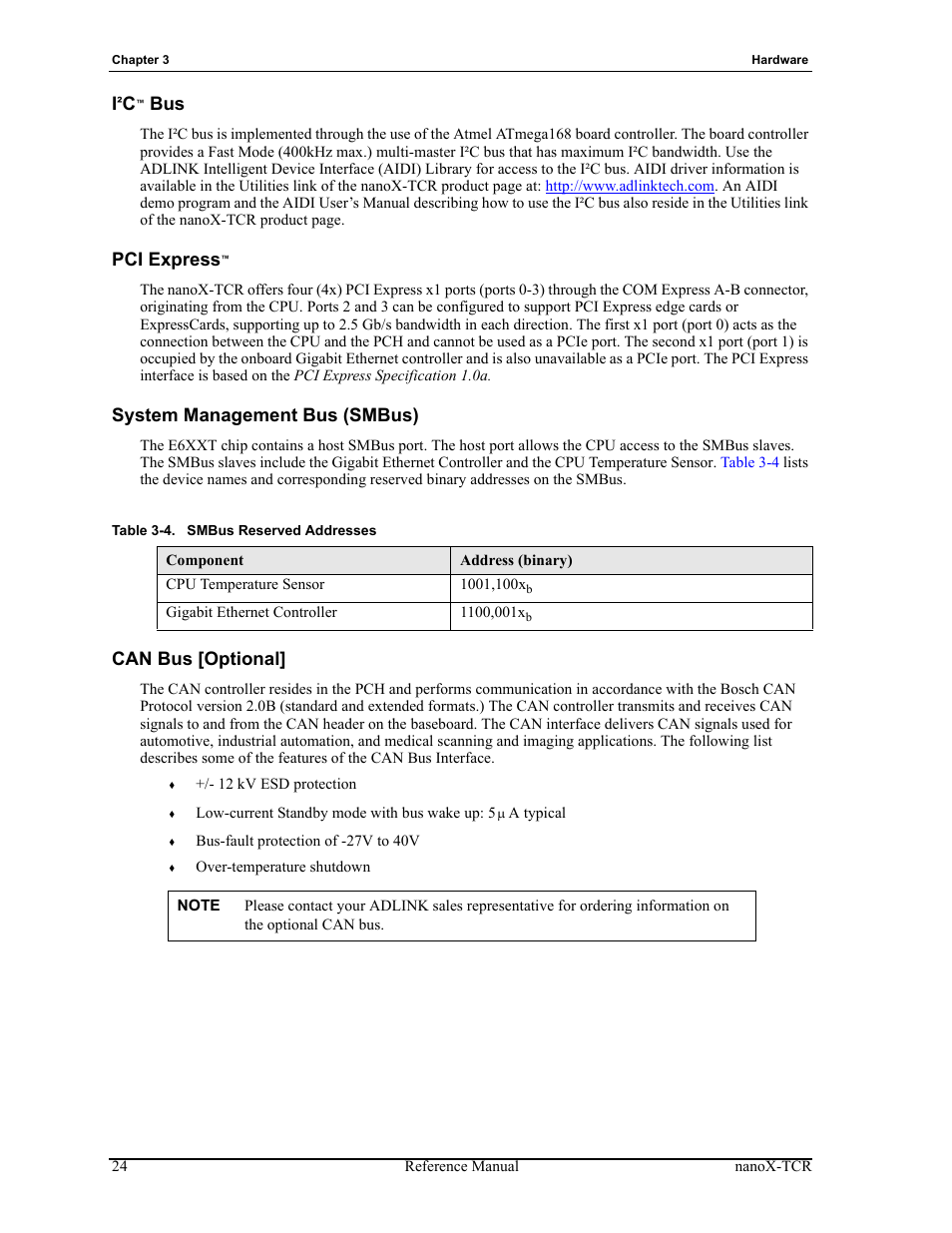 Table 3-4, Smbus reserved addresses | ADLINK nanoX-TCR User Manual | Page 28 / 50