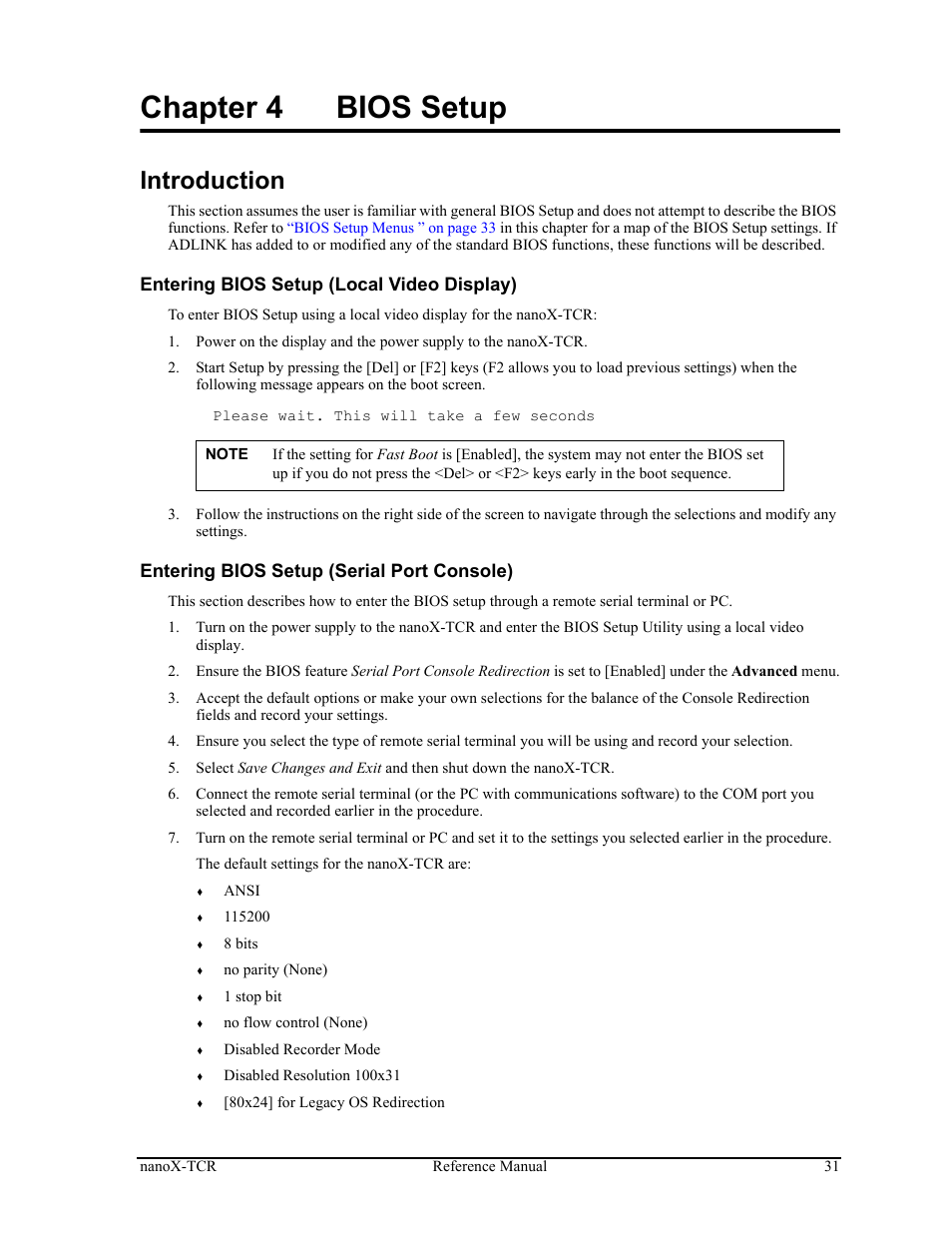 Chapter 4, Bios setup, Introduction | Chapter 4 bios setup | ADLINK nanoX-TCR User Manual | Page 35 / 50