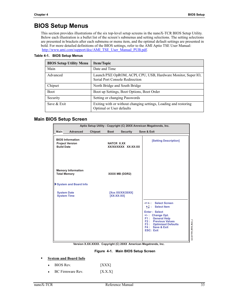 Bios setup menus, Main bios setup screen, Figure 4-1 | Table 4-1 | ADLINK nanoX-TCR User Manual | Page 37 / 50