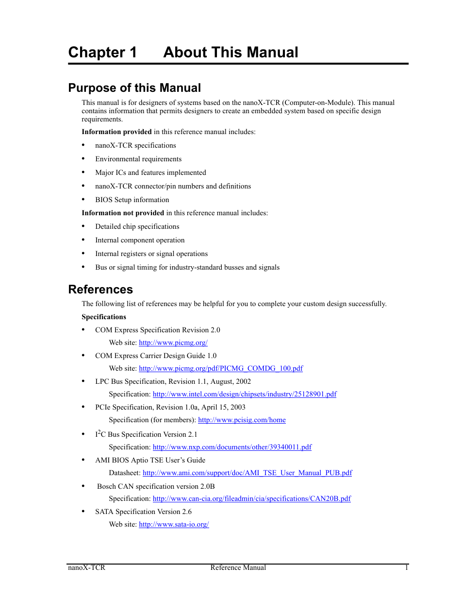 Chapter 1, About this manual, Purpose of this manual references | Chapter 1 about this manual, Purpose of this manual, References | ADLINK nanoX-TCR User Manual | Page 5 / 50