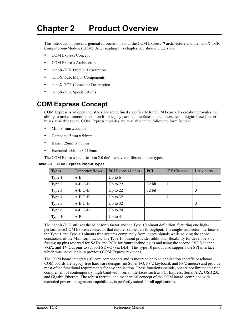 Chapter 2, Product overview, Com express concept | Table 2-1, Com express pinout types, Chapter 2 product overview | ADLINK nanoX-TCR User Manual | Page 7 / 50