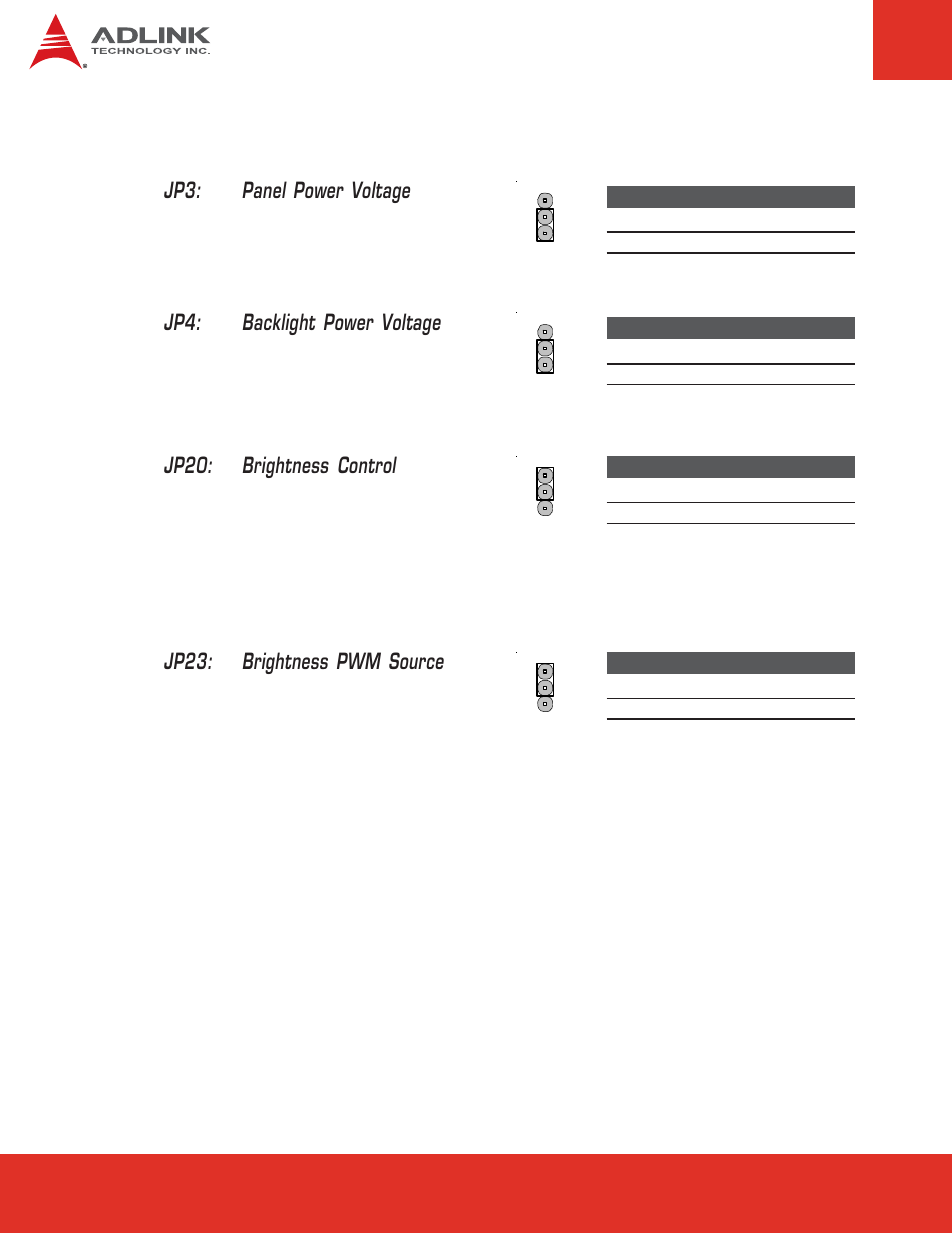 14 lvds panel jumpers, Jp3: panel power voltage, Jp4: backlight power voltage | Jp20: brightness control, Jp23: brightness pwm source | ADLINK nanoX-BASE User Manual | Page 26 / 44