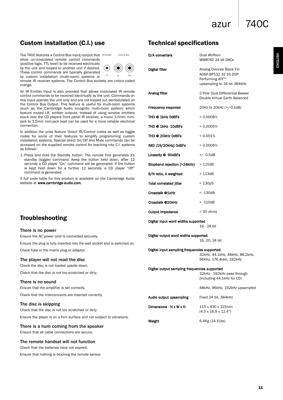 740c azur, Troubleshooting, Custom installation (c.i.) use | Technical specifications | Cambridge Audio Azur 740C User Manual | Page 11 / 82