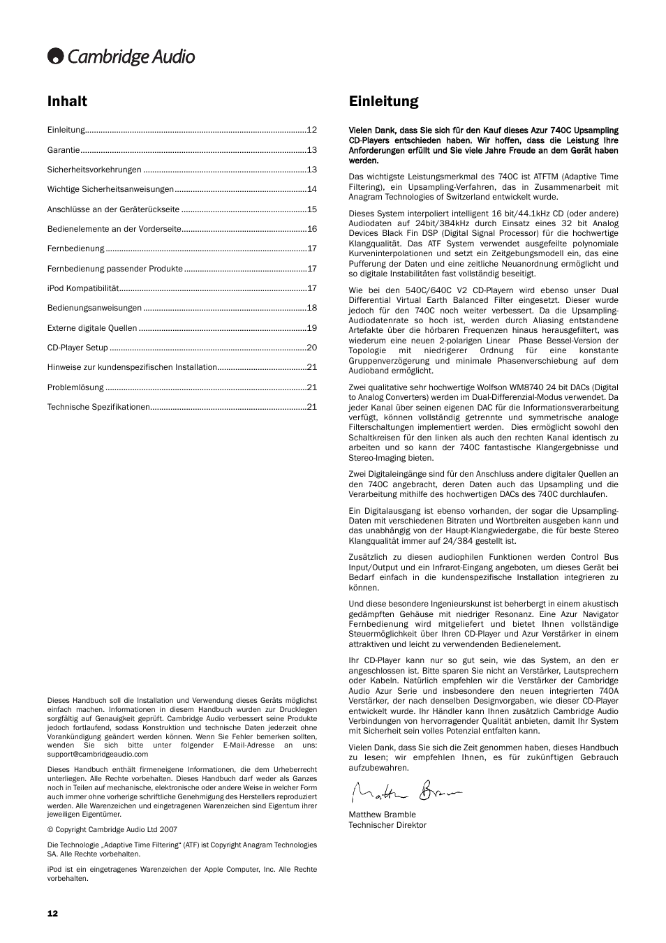 Inhalt einleitung | Cambridge Audio Azur 740C User Manual | Page 12 / 82
