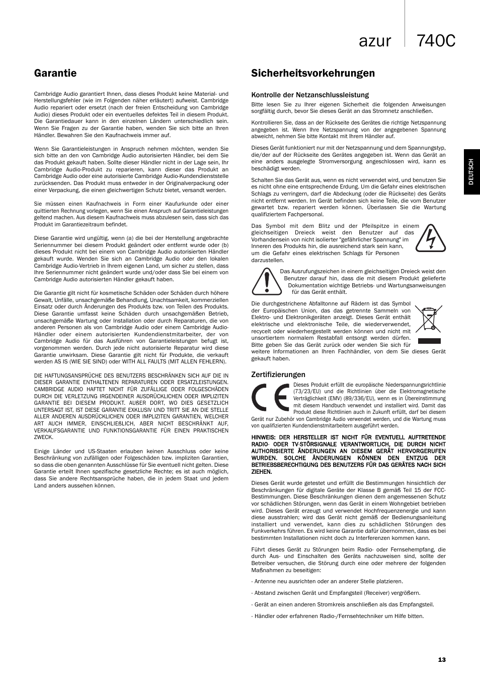 740c azur, Sicherheitsvorkehrungen garantie | Cambridge Audio Azur 740C User Manual | Page 13 / 82