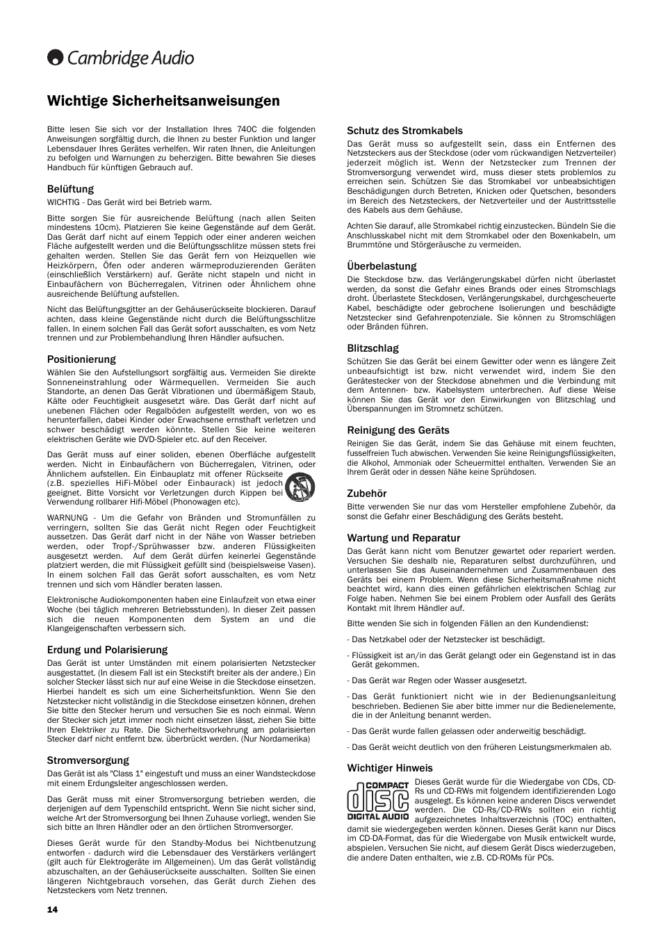 Wichtige sicherheitsanweisungen, Belüftung, Positionierung | Erdung und polarisierung, Stromversorgung, Schutz des stromkabels, Überbelastung, Blitzschlag, Reinigung des geräts, Zubehör | Cambridge Audio Azur 740C User Manual | Page 14 / 82