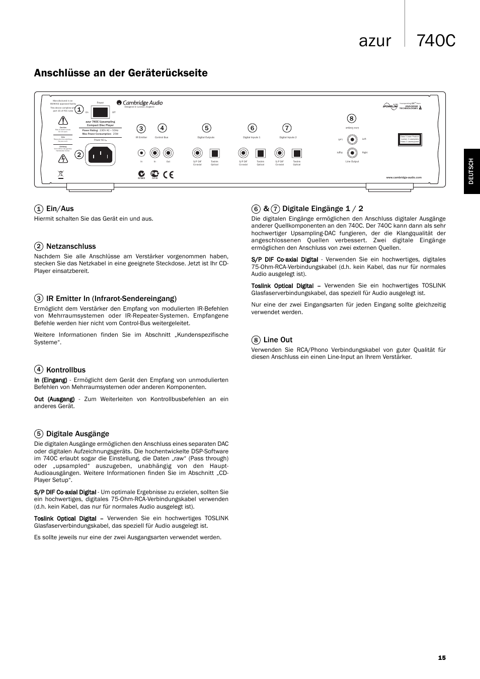 740c azur, Anschlüsse an der geräterückseite, Ein/aus | Netzanschluss, Ir emitter in (infrarot-sendereingang), Kontrollbus, Digitale ausgänge, Digitale eingänge 1 / 2, Line out | Cambridge Audio Azur 740C User Manual | Page 15 / 82