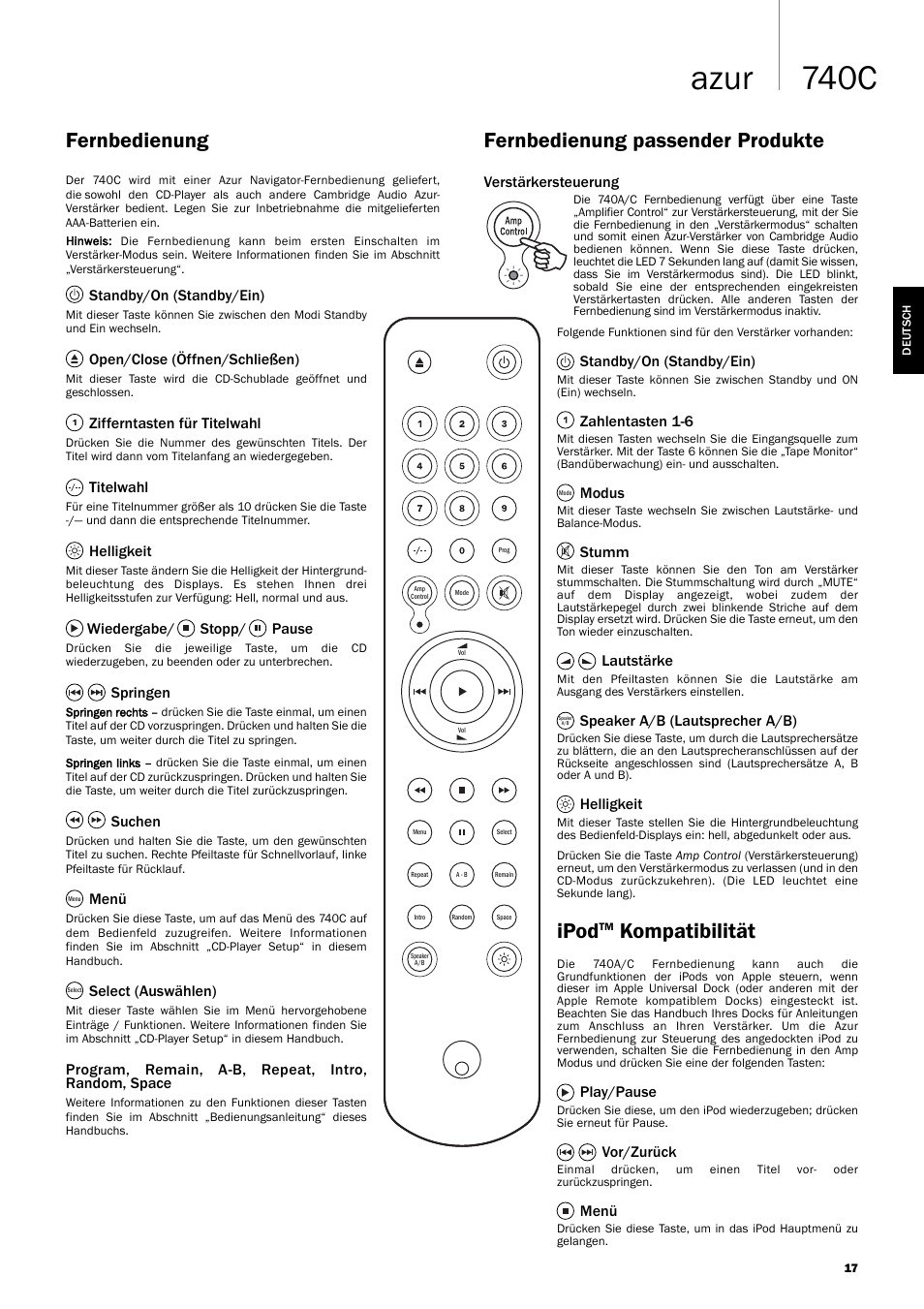 740c azur, Fernbedienung, Ipod | Kompatibilität, Fernbedienung passender produkte, Standby/on (standby/ein), Open/close (öffnen/schließen), Zifferntasten für titelwahl, Titelwahl, Helligkeit | Cambridge Audio Azur 740C User Manual | Page 17 / 82