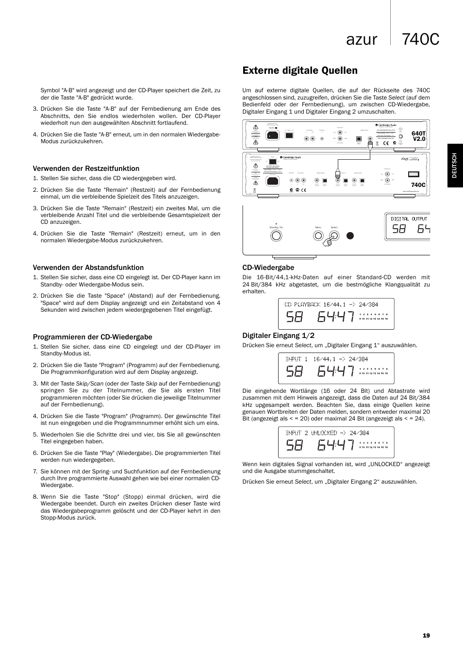 740c azur, Externe digitale quellen, Verwenden der restzeitfunktion | Verwenden der abstandsfunktion, Programmieren der cd-wiedergabe, Cd-wiedergabe, Digitaler eingang 1/2, Incorporating q5™ from | Cambridge Audio Azur 740C User Manual | Page 19 / 82